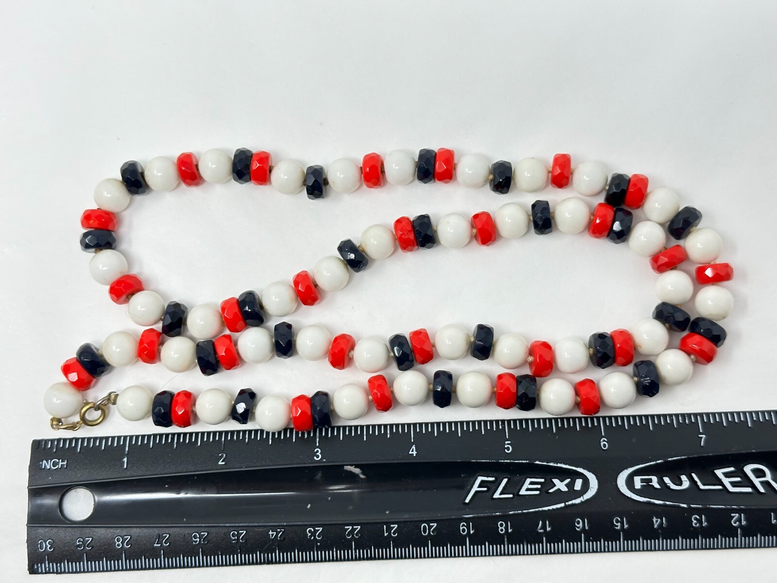 Vintage Red White & Blue Glass & Plastic Bead 30″ Long Necklace
