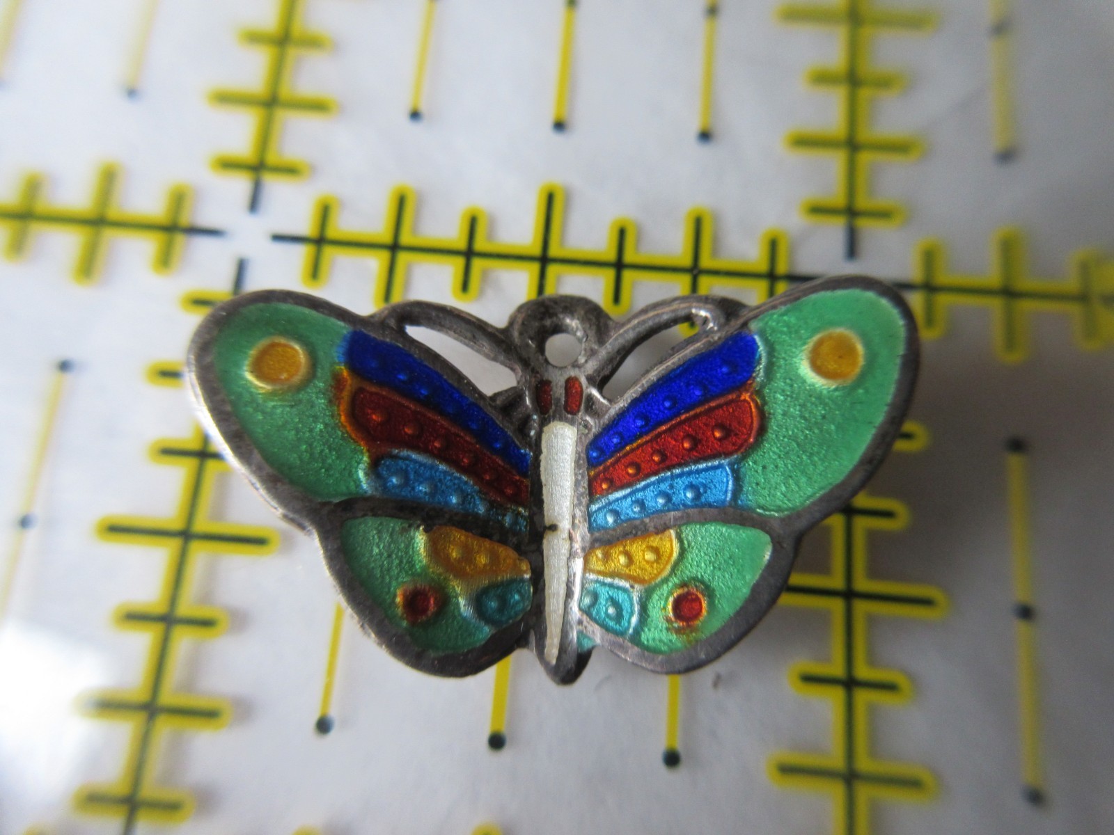 Vintage signed STERLING Colorful Guilloche Enamel BUTTERFLY Pendant or Charm
