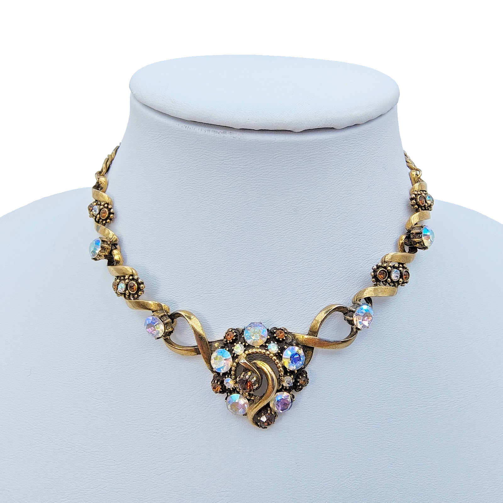 Vintage Florenza Victorian Style Choker Necklace Gold Tone AB Rhinestone Signed