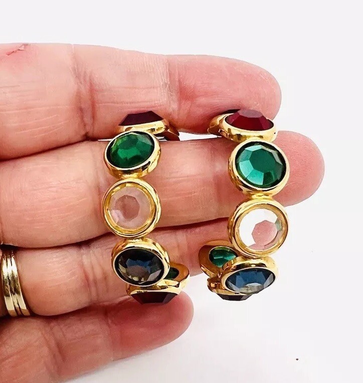 Large Multicolored Bezel Set Crystal Hoop Earrings Posts Vintage Jewelry