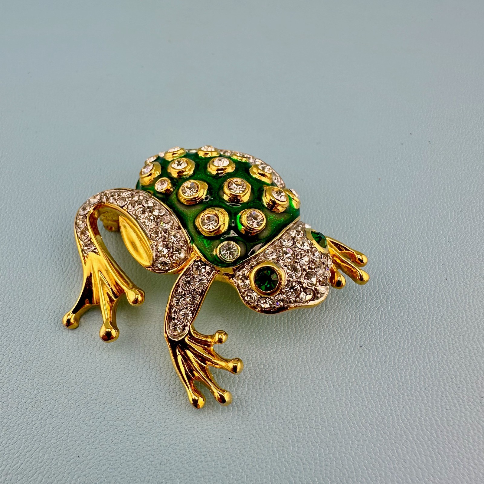 Vintage Rhinestone Green Enamel Frog Brooch Shiny Gold Tone Leap Jump Figural