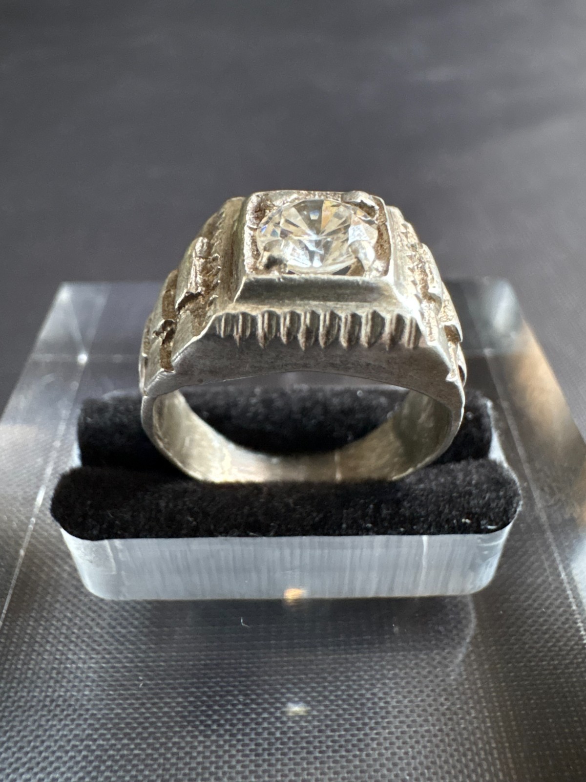 Vintage 925 Sterling Silver Chain Link Band CZ Stone Ring Handmade Size 4.75 US