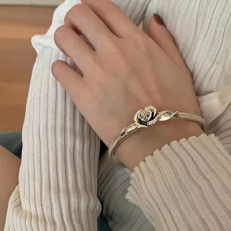 Vintage Flower Retro Rose Cuff Bangle 925 Sterling Silver Women Jewelry Bracelet