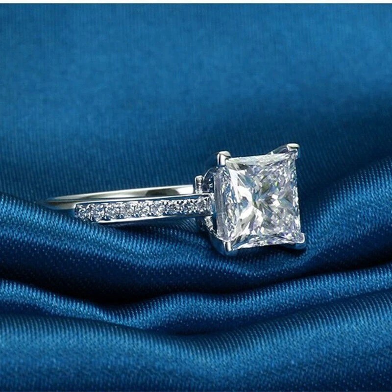 Art Deco Style Princess Lab Created Diamond Anniversary 14K White Gold FN Ring