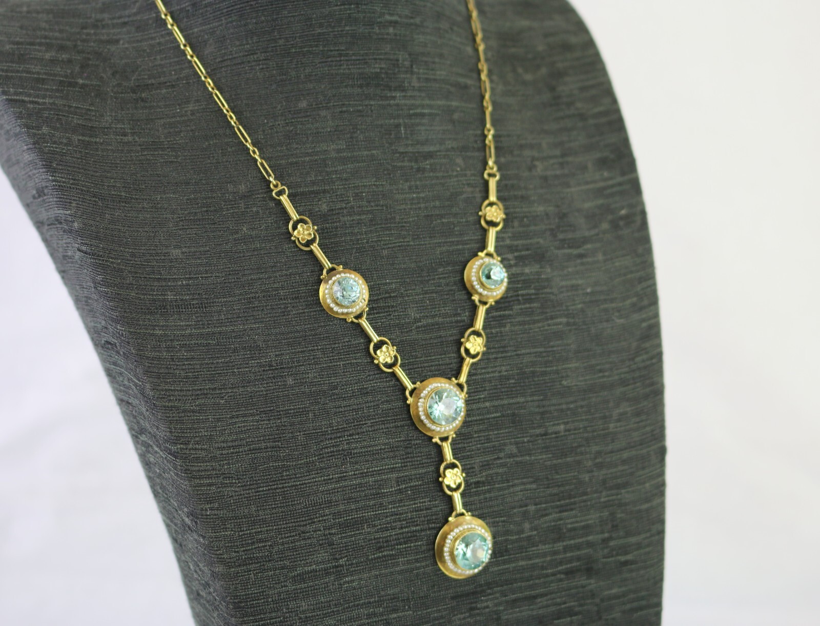 Antique Edwardian 14K Gold Round Vivid Blue Zircons with Seed Pearls Necklace