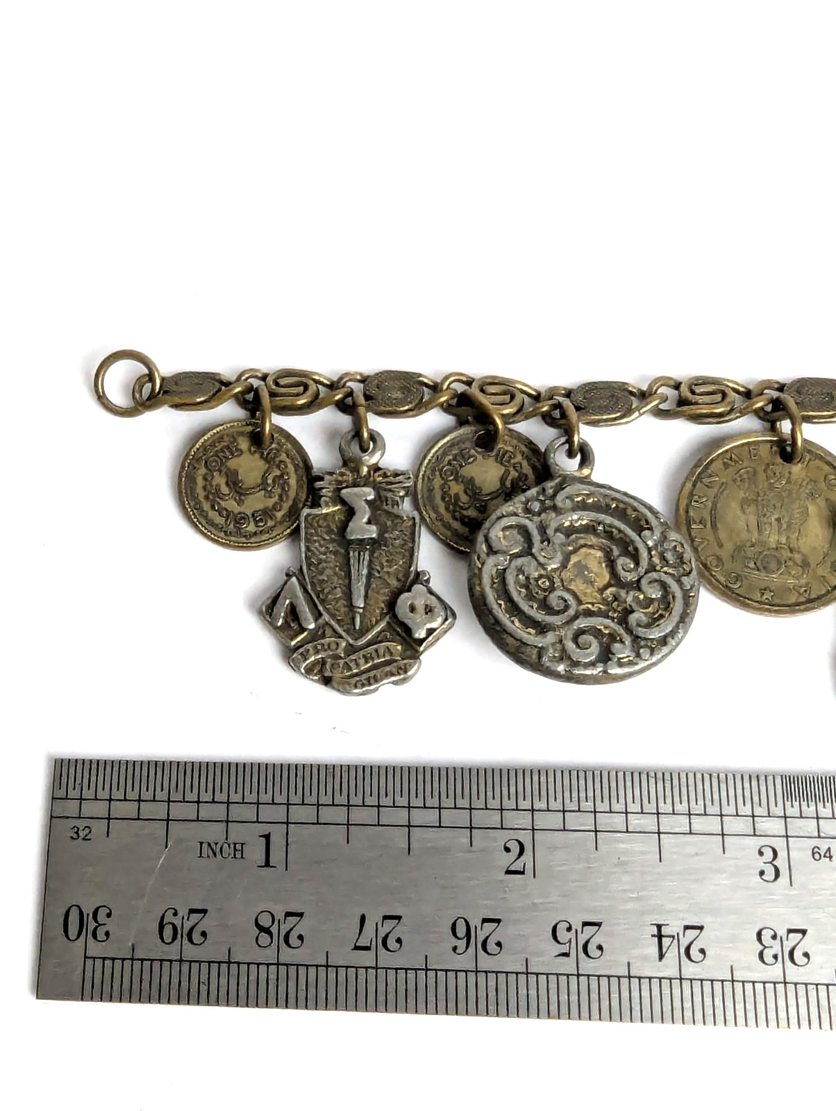 1950s Vintage Heraldic Chunky Charm Bracelet with Pakistan and India Coins 7″