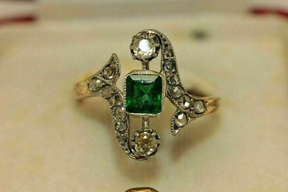 2Ct Art Deco Style Lab Created Emerald Engagement & Wedding 14K Gold Finish Ring