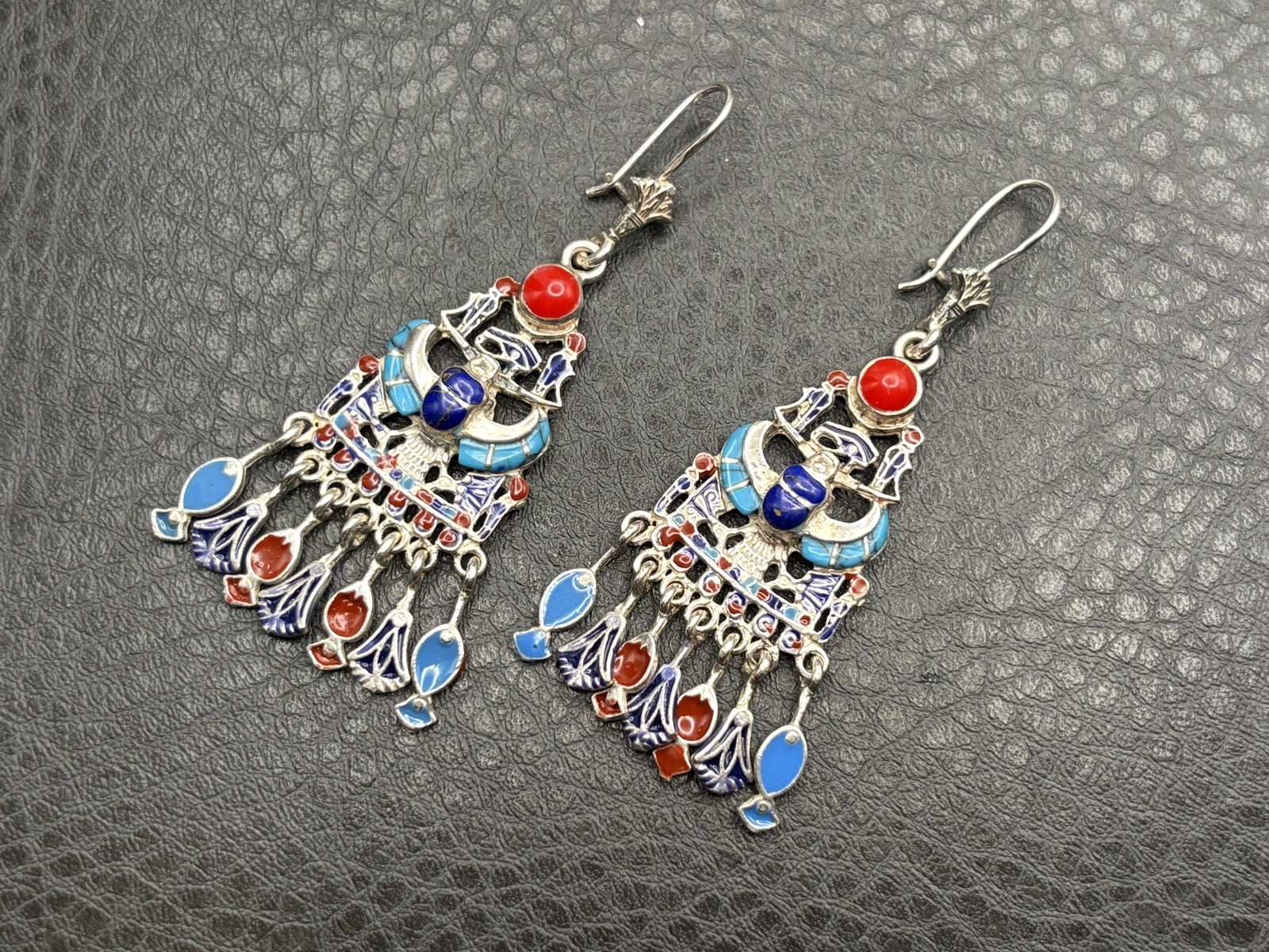 Sterling Silver Egyptian Revival Enamel Chandelier Earrings Scarab Hieroglyph