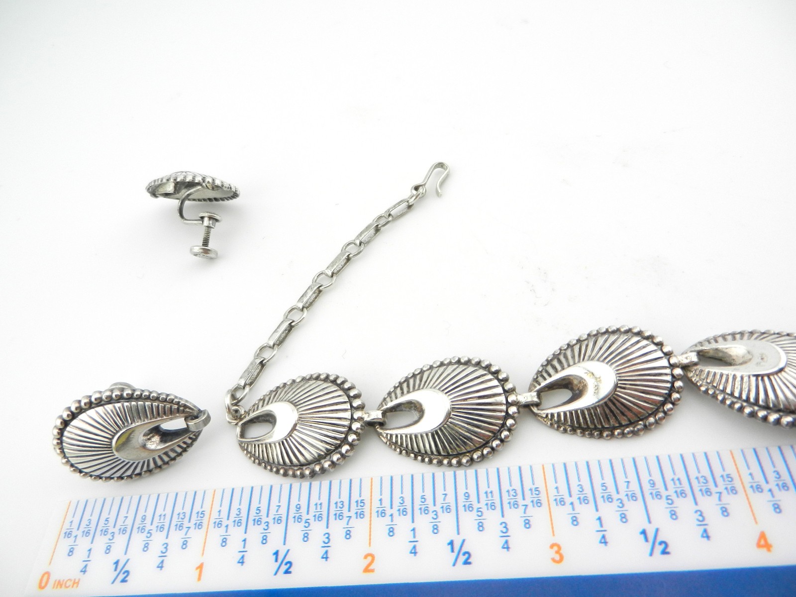 Danecraft Sterling Link Necklace Screw Earrings Scalloped Shell Fan Shape Set