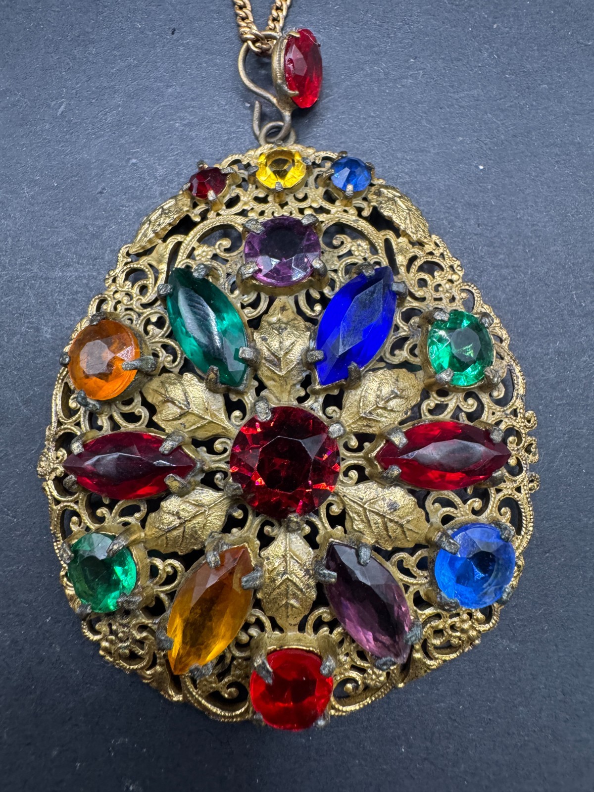 Art Deco Fruit Salad Color Czech Art Glass Filigree Pendant/Necklace