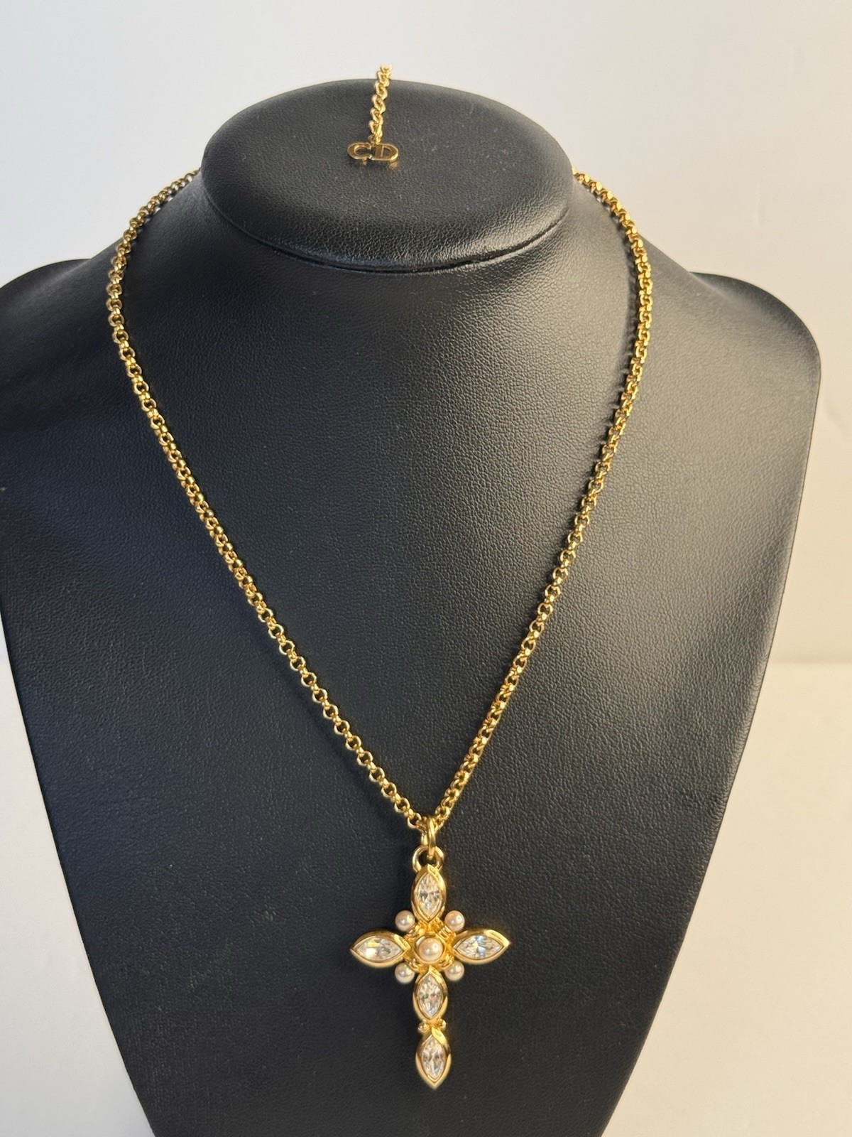 Extremely Unique Christian Dior Crystal and Faux Pearl Cross Pendant Necklace