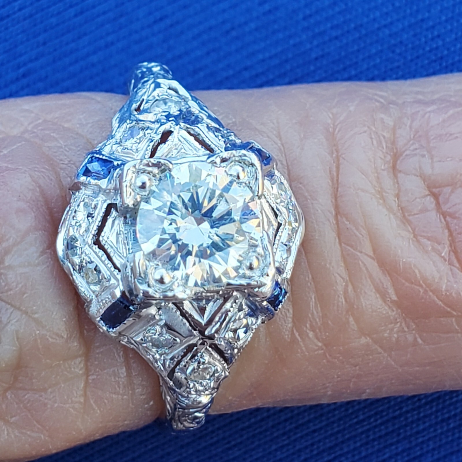 Original EARTH MINED DIAMOND Deco Engagement Ring 1 ct Vintage PLATINUM Sapphire