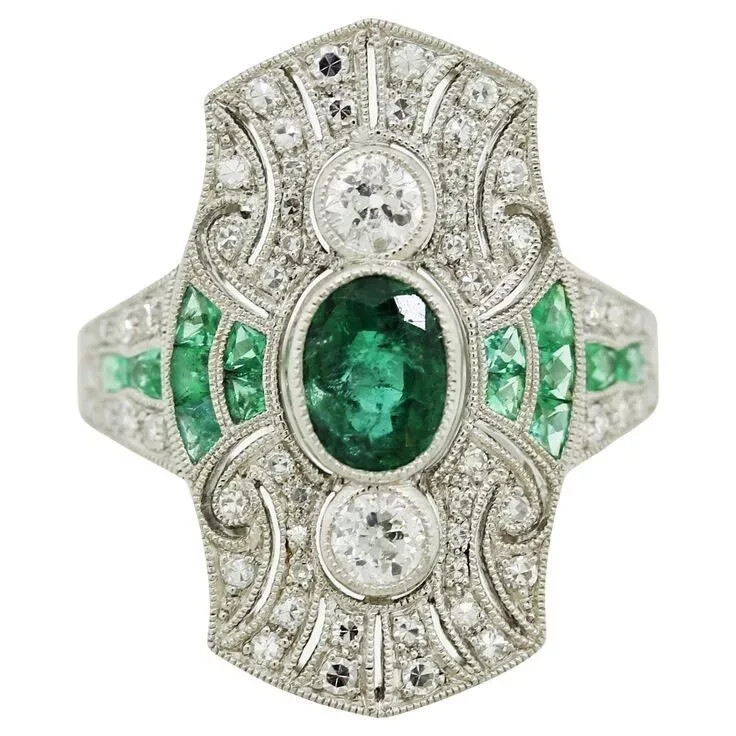 Art Deco Oval Emerald & Lab Created Diamond 14K White Gold FN Anniversary Ring