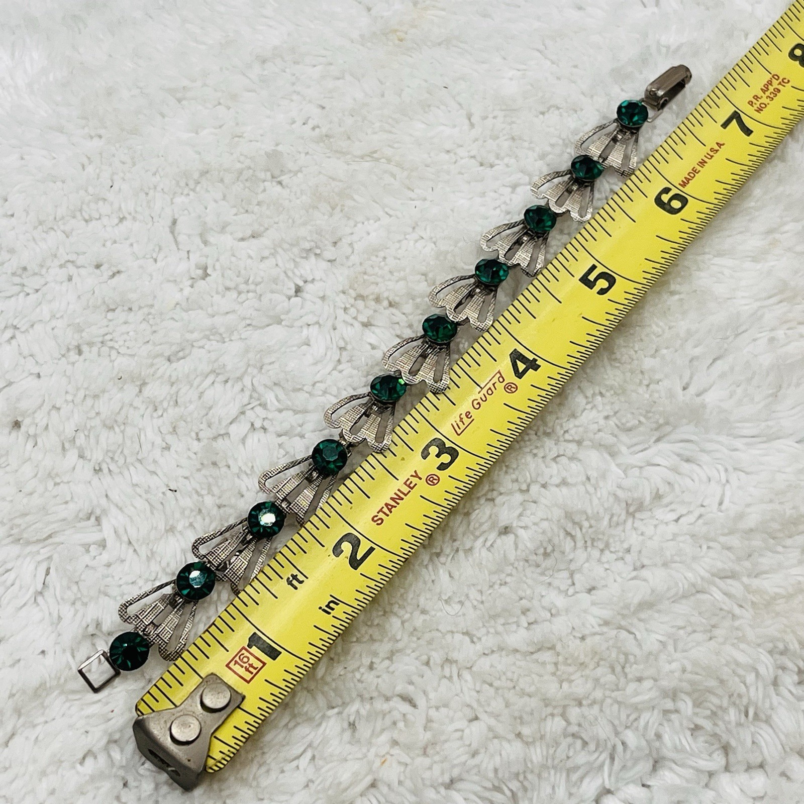 Vintage Green Rhinestone Bracelet Silver Tone Fan Link Open Work Deco Style