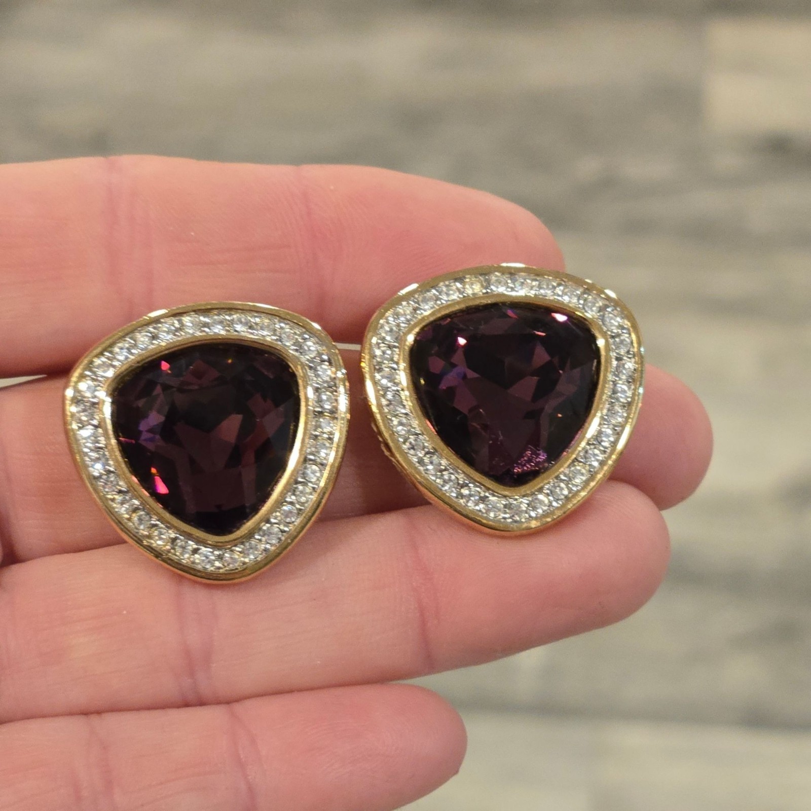 Vintage Swarovski Crystal earrings amethyst colored faceted stones clip on rare
