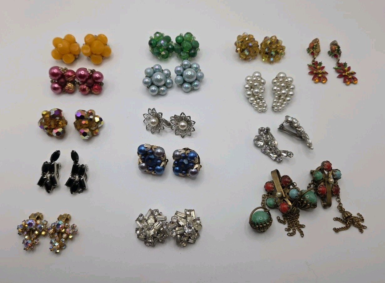 Vintage Lot Of 15 Pairs Of Clip On Earrings Kramer, Japan, Hong Kong, Germany