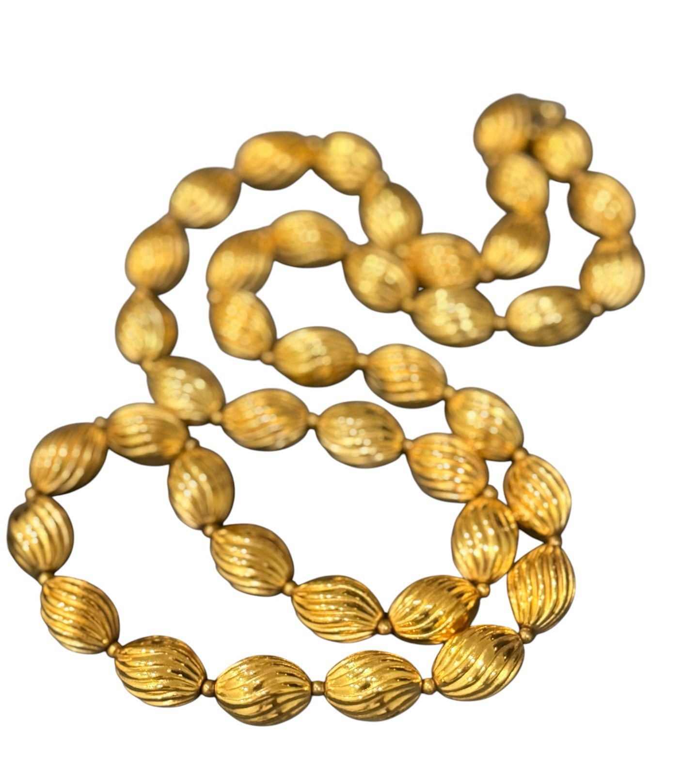 Signed Crown Trifari Vintage Gold Tone Ribbed Oval Bead Opera Long Necklace