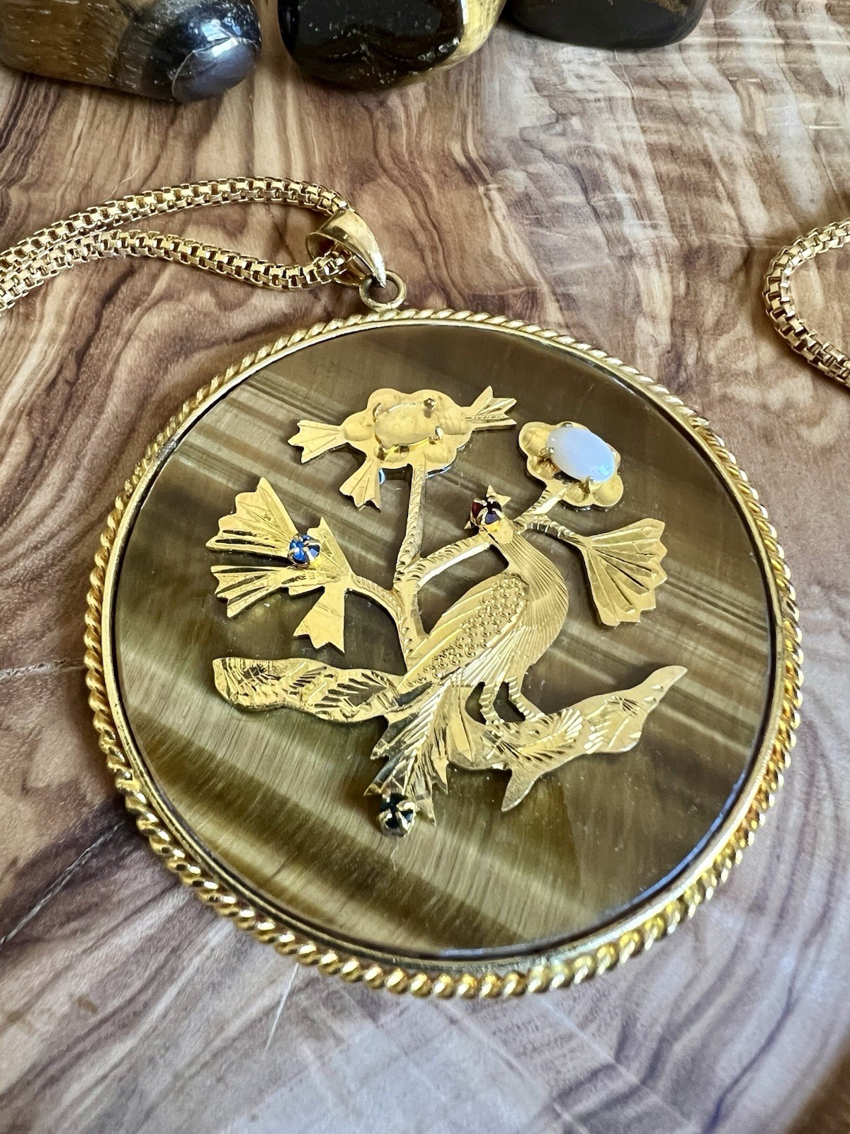 Vintage Double Sided Tiger’s Eye Gemstone Pendant With A Peacock On The Front