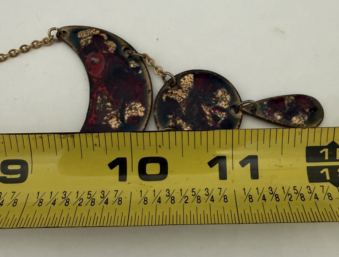 Vintage Artisan Enamel Abstract Pendant Necklace Modernist Brass Tone