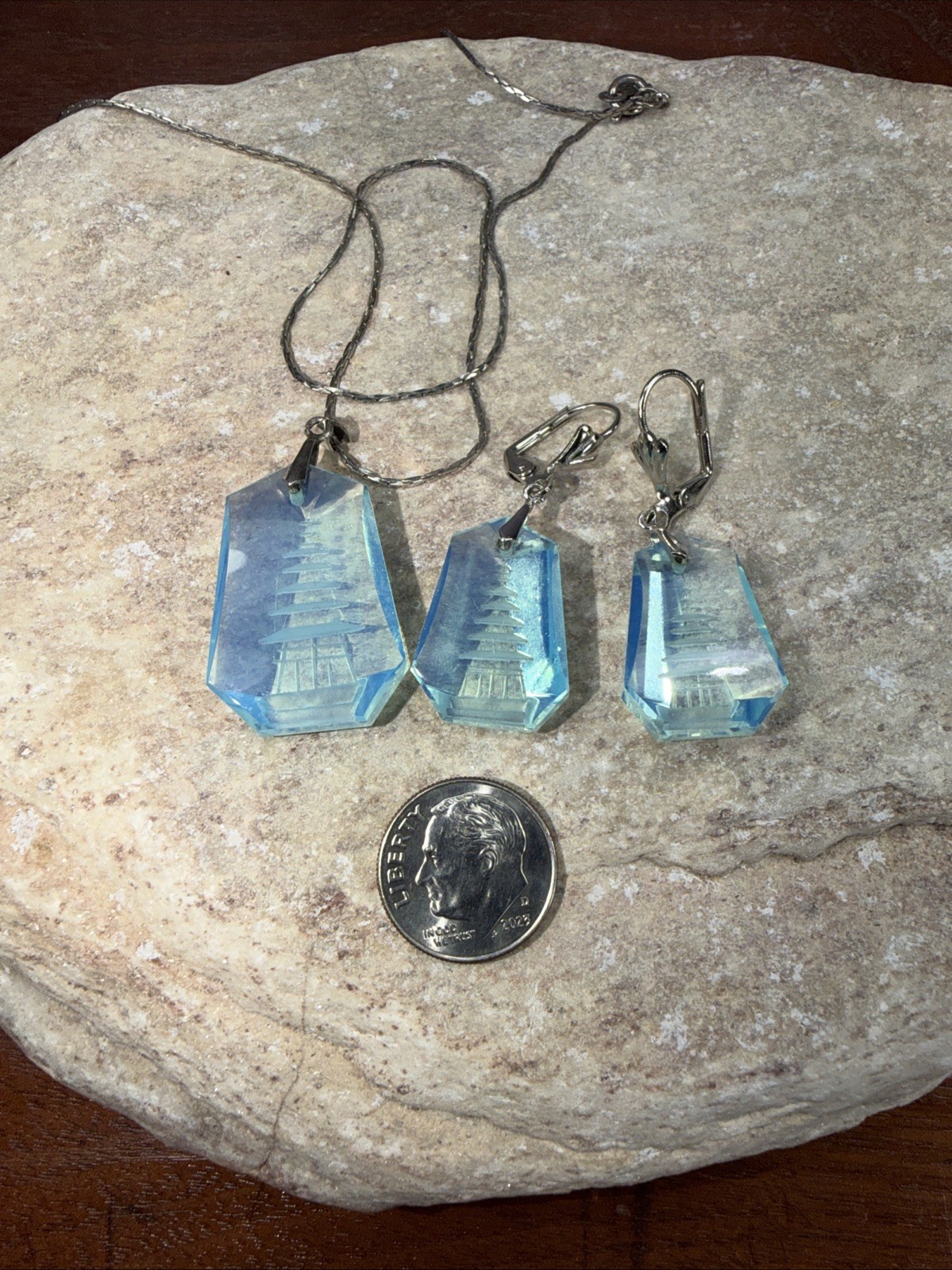 Opaline Blue Glass Japanese Pagoda Necklace & Earrings Set reverse carved