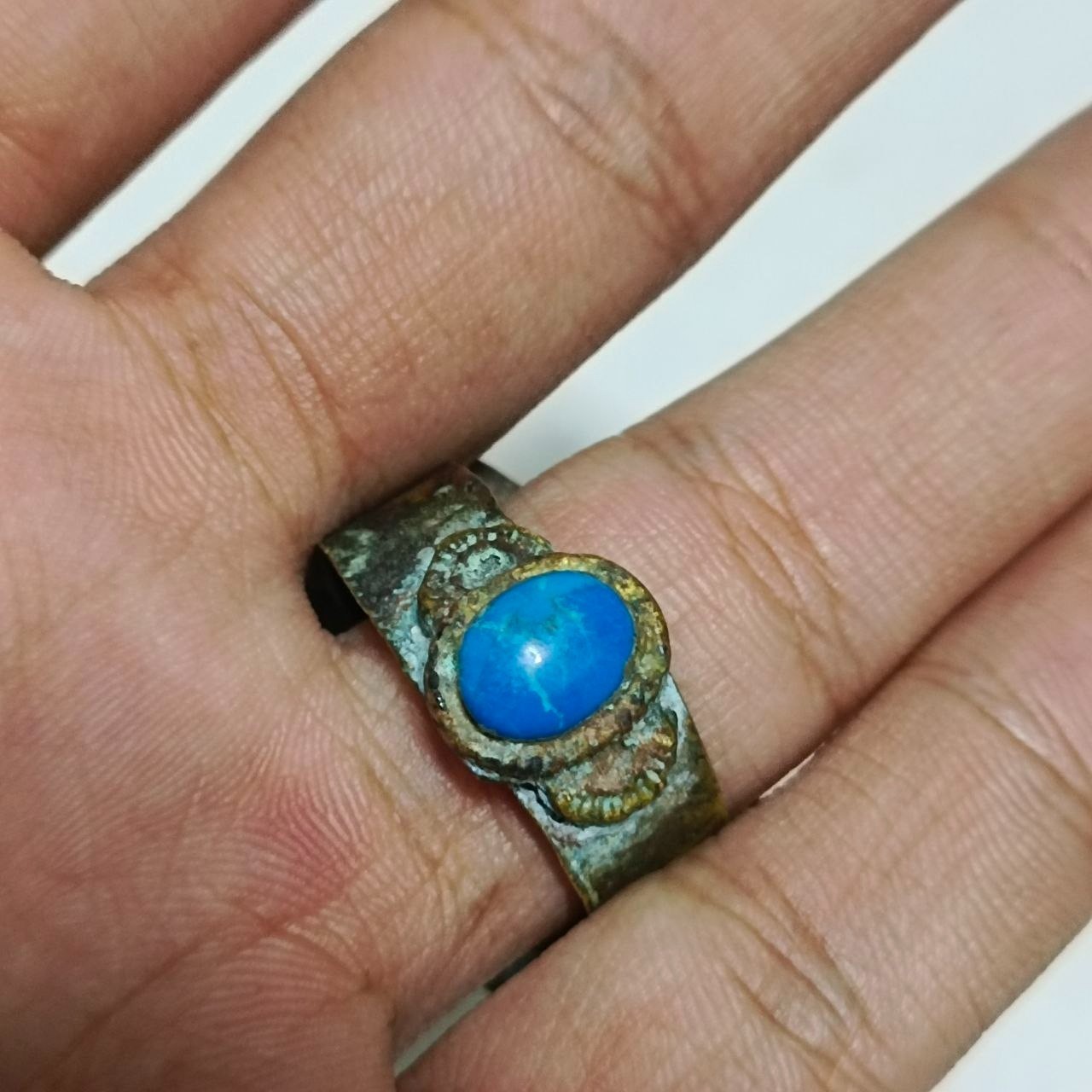 Egyptian Brass Ring Blue Turquoise Cabochon Handmade Vintage Style Jewelry