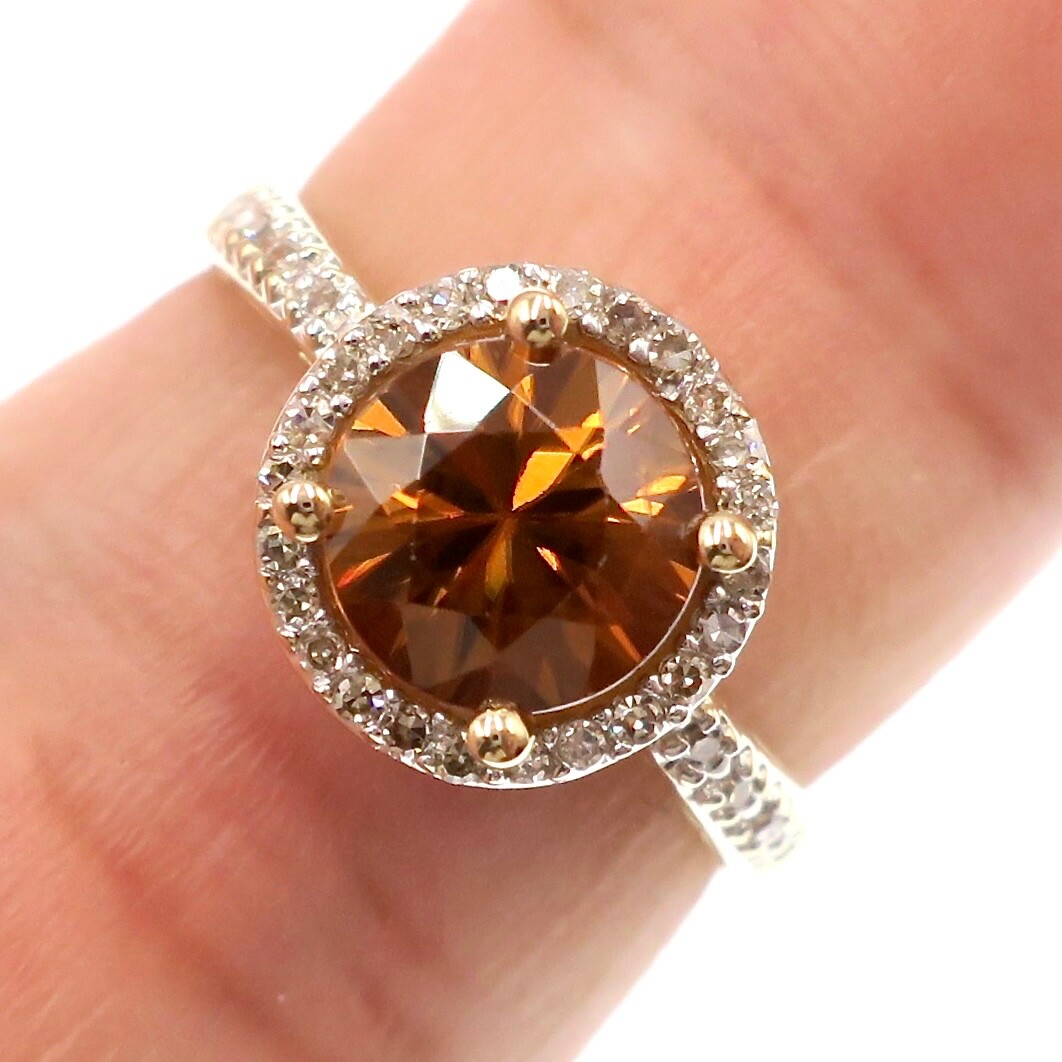 14k Solid Yellow Gold Natural Orange Zircon and Diamond HALO Ring Size 6