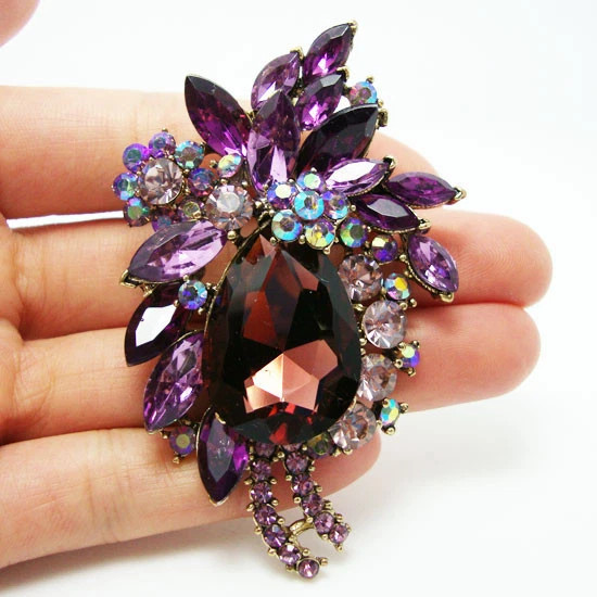 Vintage Style Flower Drop Brooch Pin Purple Rhinestone Crystal Floral Pendant!