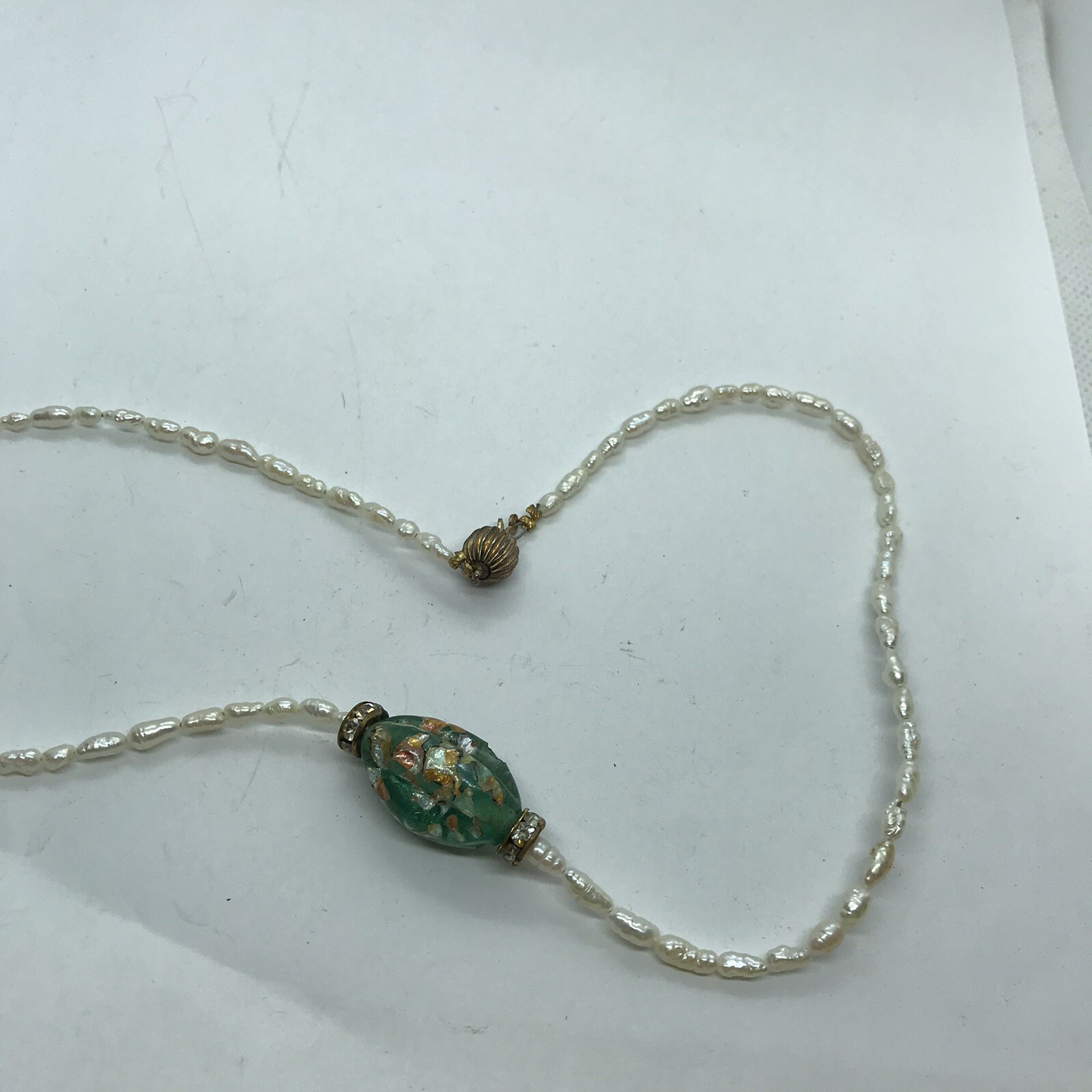 Vintage Artisan Baroque Pearl Dainty Strand Necklace Green Foil Art Glass Beach