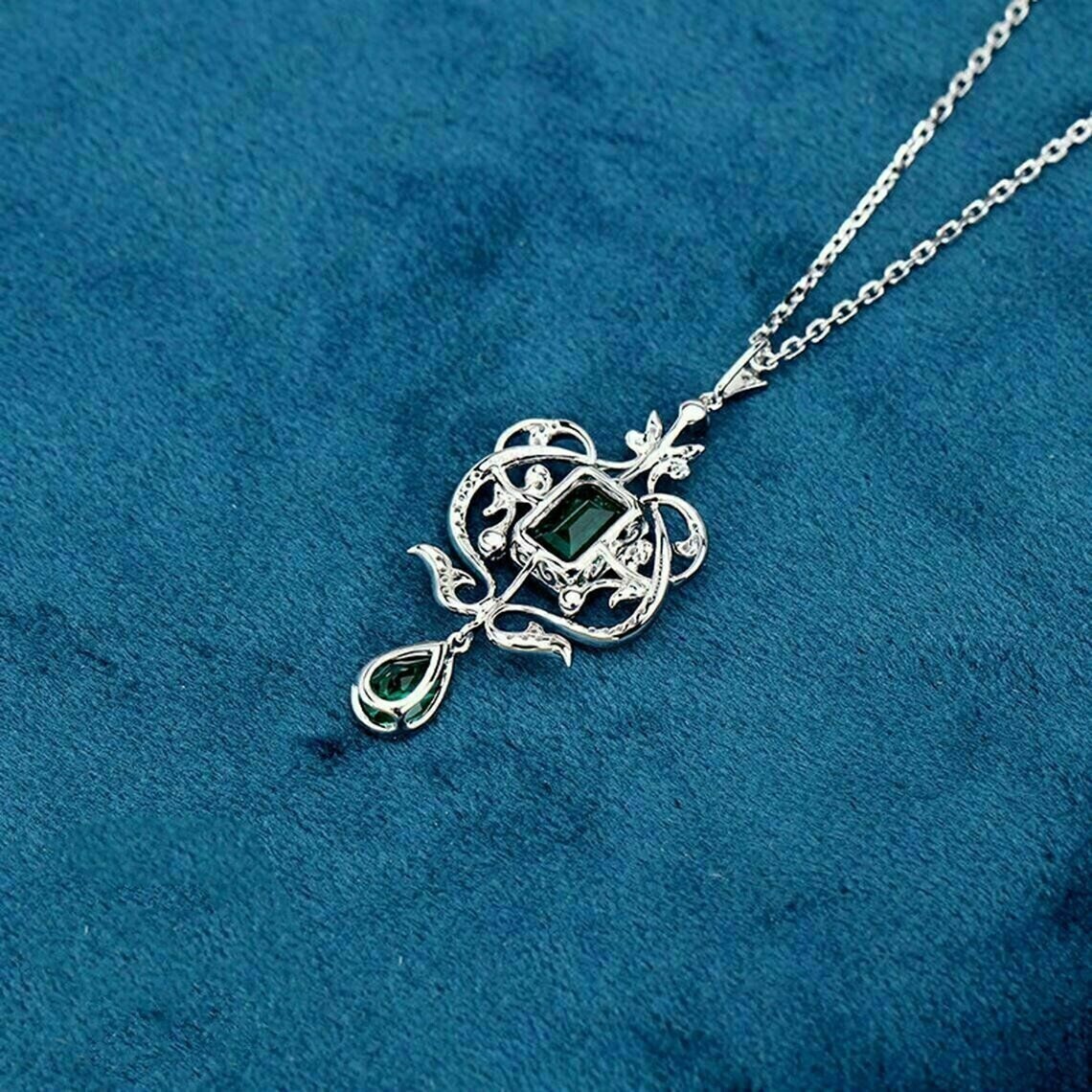 Art Deco Party Wear Emerald & Simulated Diamond Wedding 925Silver Gift Pendant