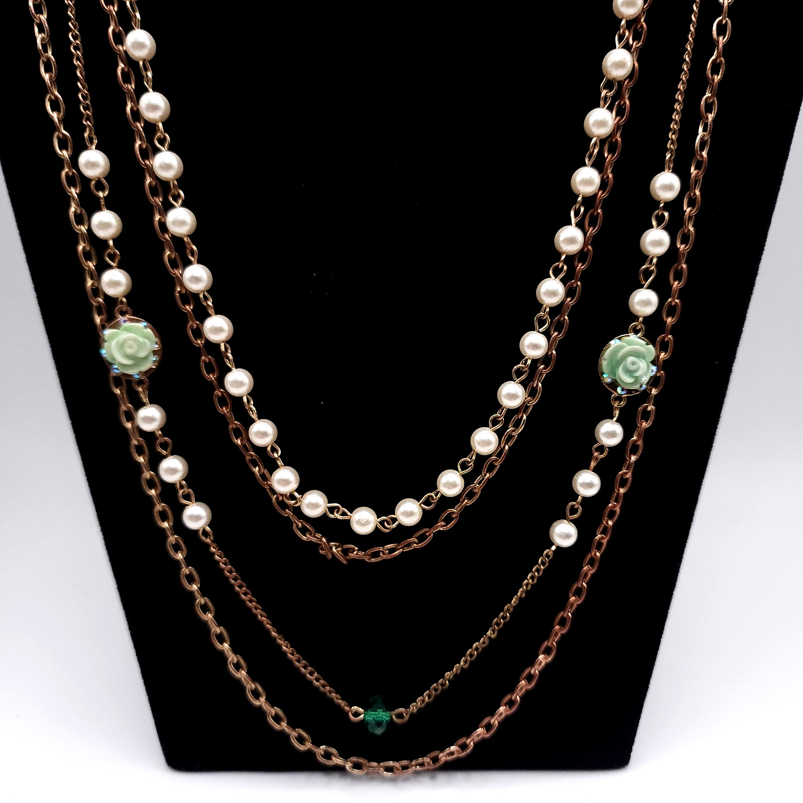 Multi Strand Pearl Necklace Rose Gold Floral Statement Necklace Vintage 25in