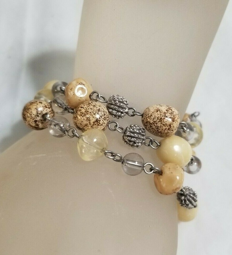 Vintage CH Silvertone & Polished Rock Necklace, Bracelet, & Earring Set NICE