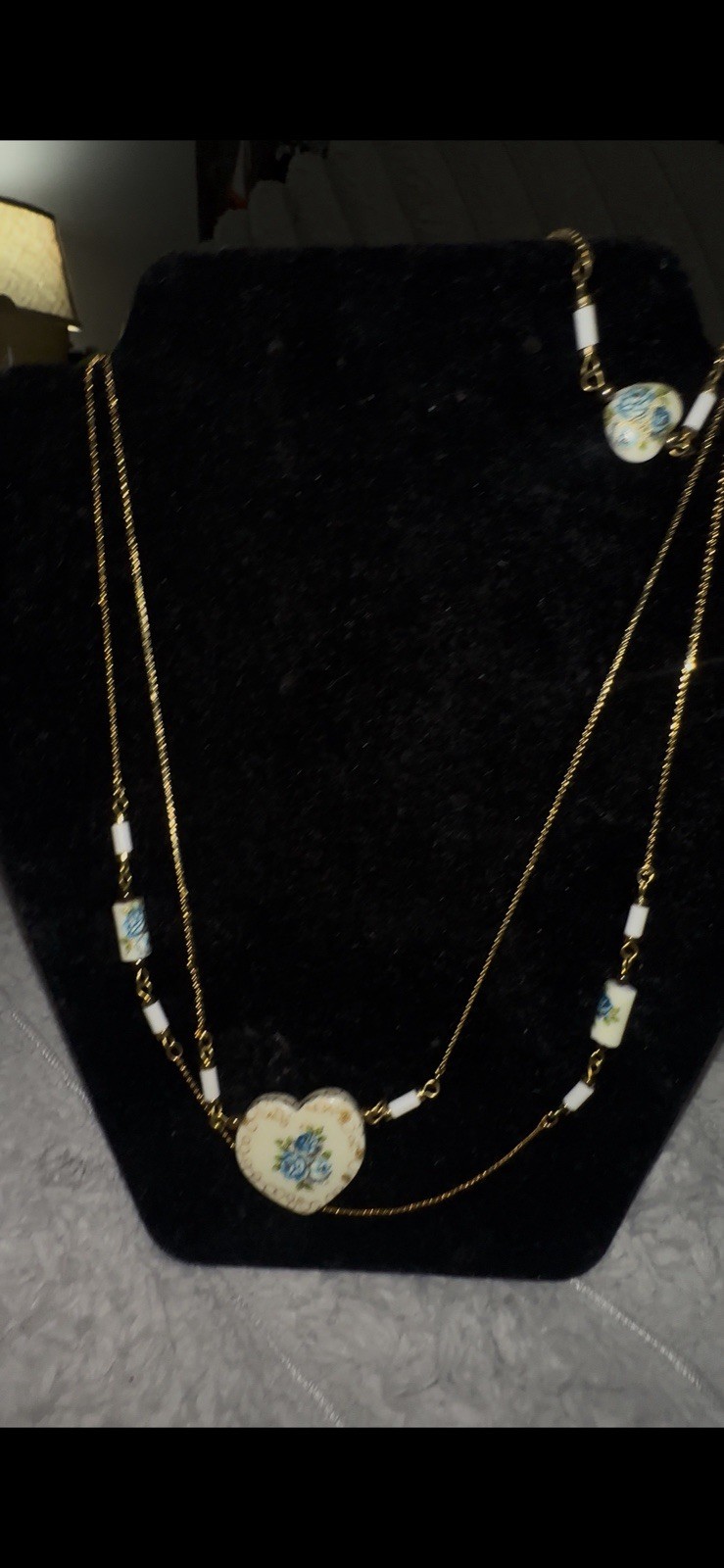 Vintage Japanese Tensha Blue Rose Porcelain Heart Necklace With Match Bracelet