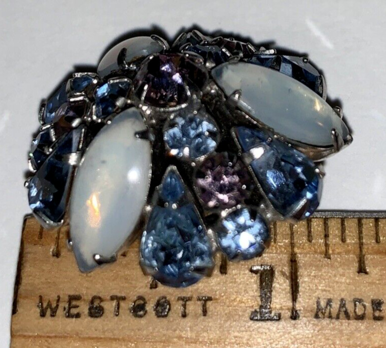 Silver Tone Faceted Purple and Blue Rhinestone Pin 3 White Oval Stones Brooch
