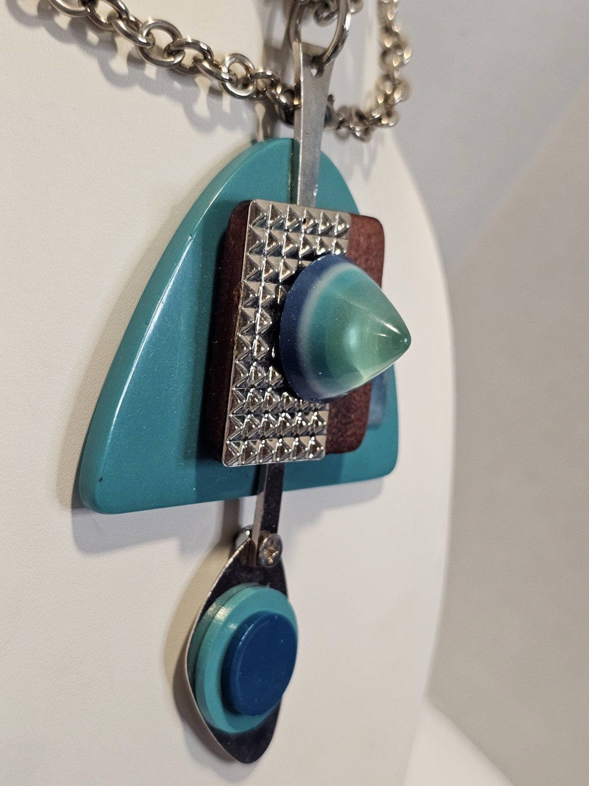 Modernist Abstract artisan pendant necklace turquoise color