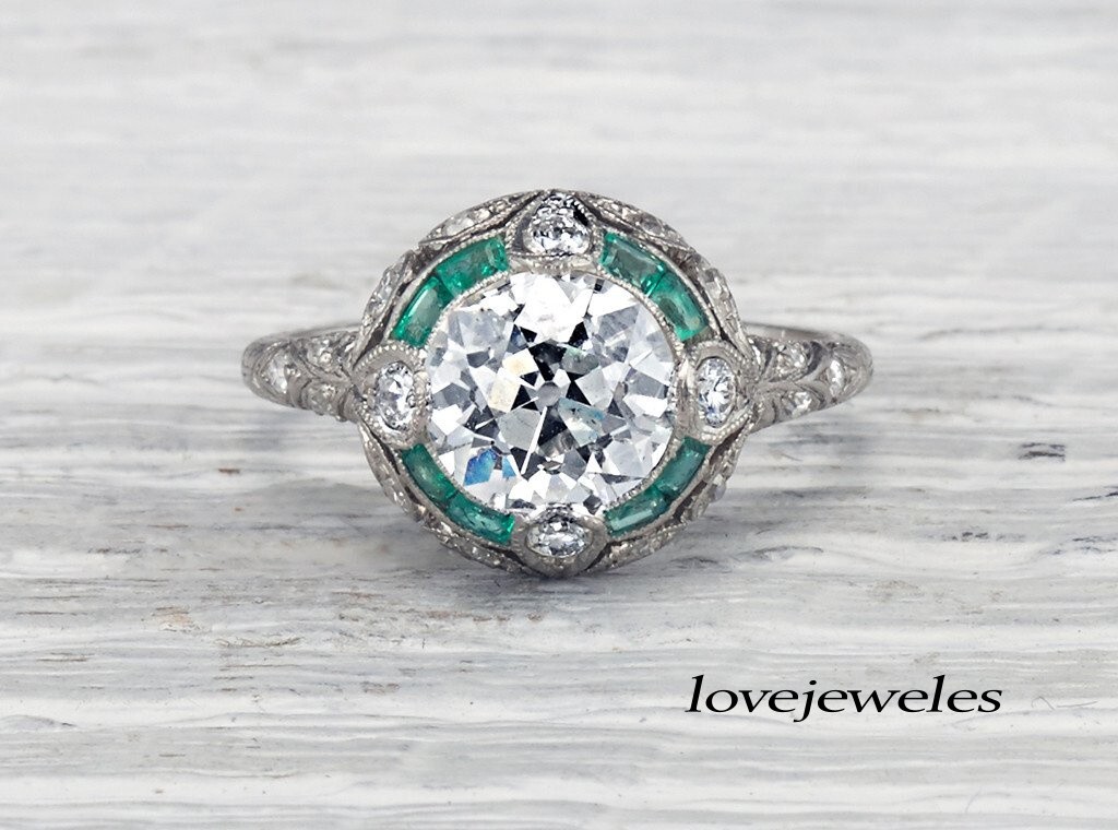 Art Deco Vintage 3CT Round Lab-Created Diamond Engagement Ring 14K White Gold FN