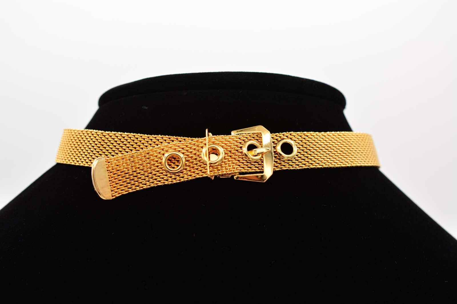 Vintage Choker Necklace Mesh Chain Belt Buckle Collar Gold Chunky NOS 90s Bin4A