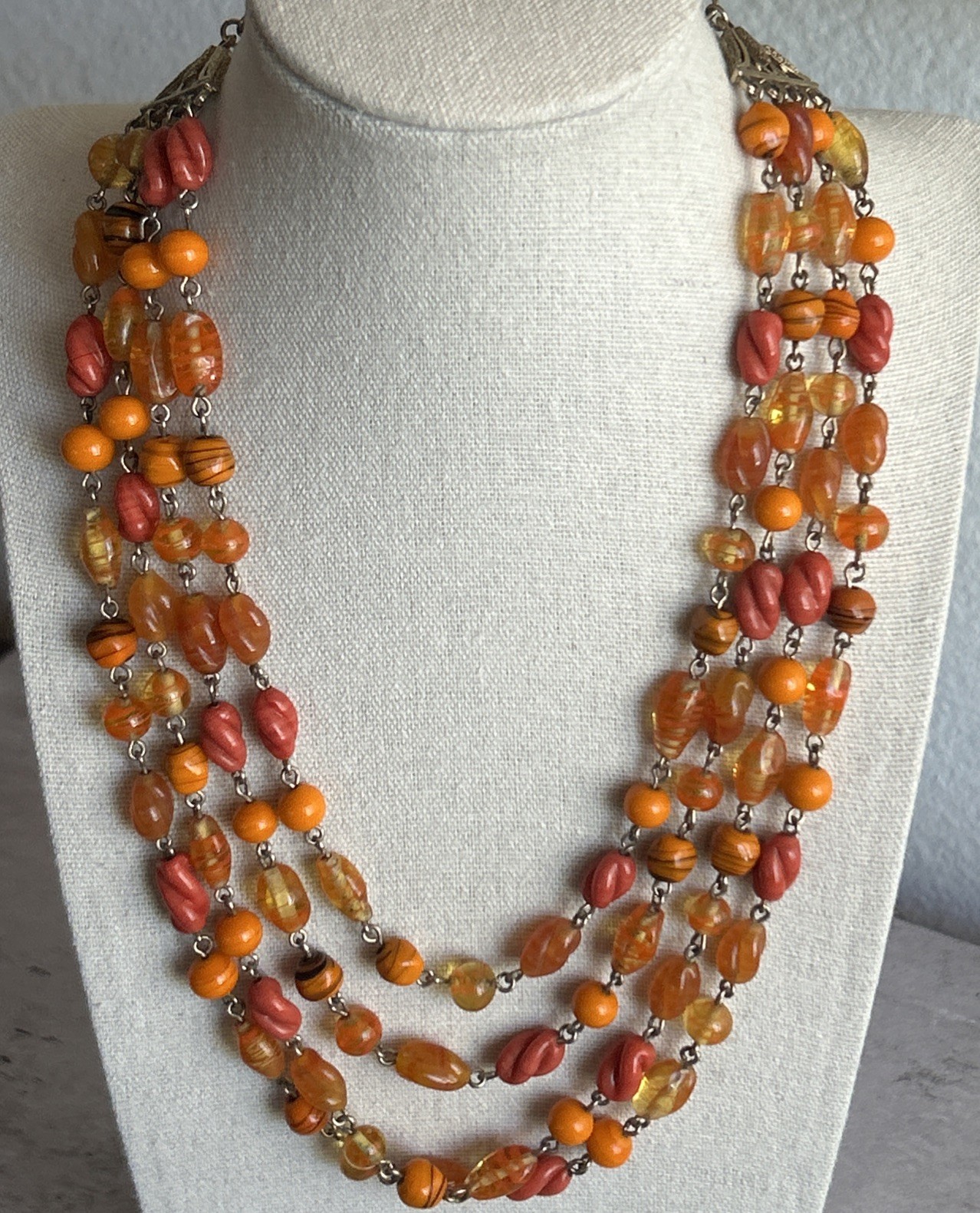 Multi Strand Glass Bead Necklace Orange Yellow Coral Vintage Statement Jewelry