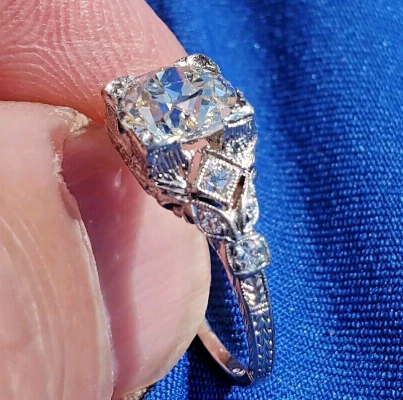 Original EARTH MINED DIAMOND Deco Engagement Ring 1.5 Antique Platinum Solitaire
