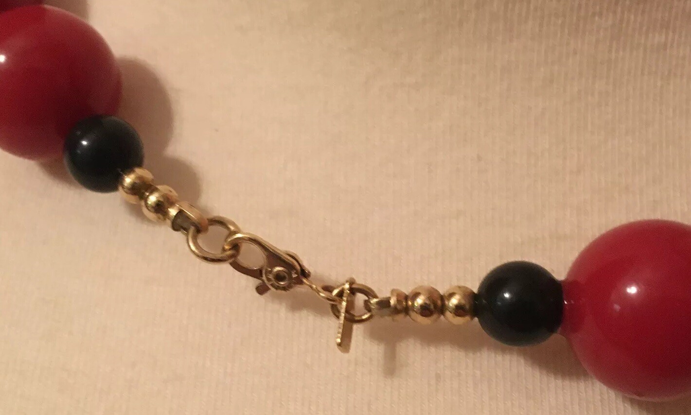 Designer Vintage Monet Necklace 19” Round Beads Red Black Gold-Tone Signed MCM