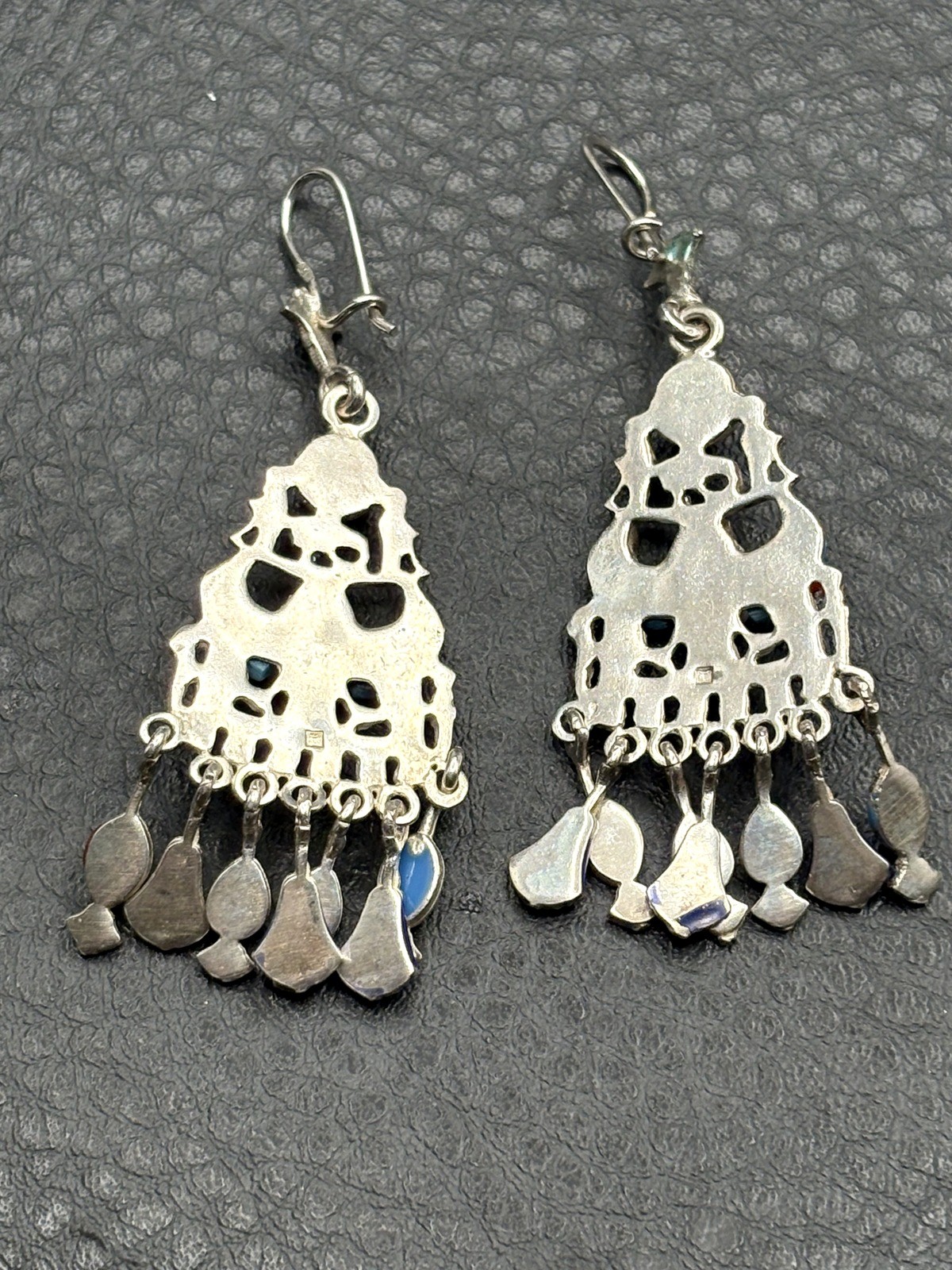 Sterling Silver Egyptian Revival Enamel Chandelier Earrings Scarab Hieroglyph