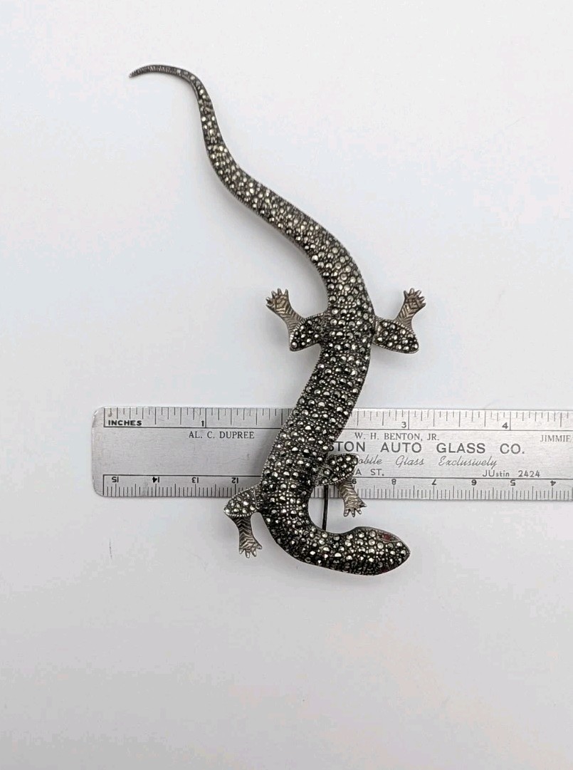 5½” Long Vintage Sterling Silver Marcasite Lizard Gecko Red Eyes Pin Brooch 30g