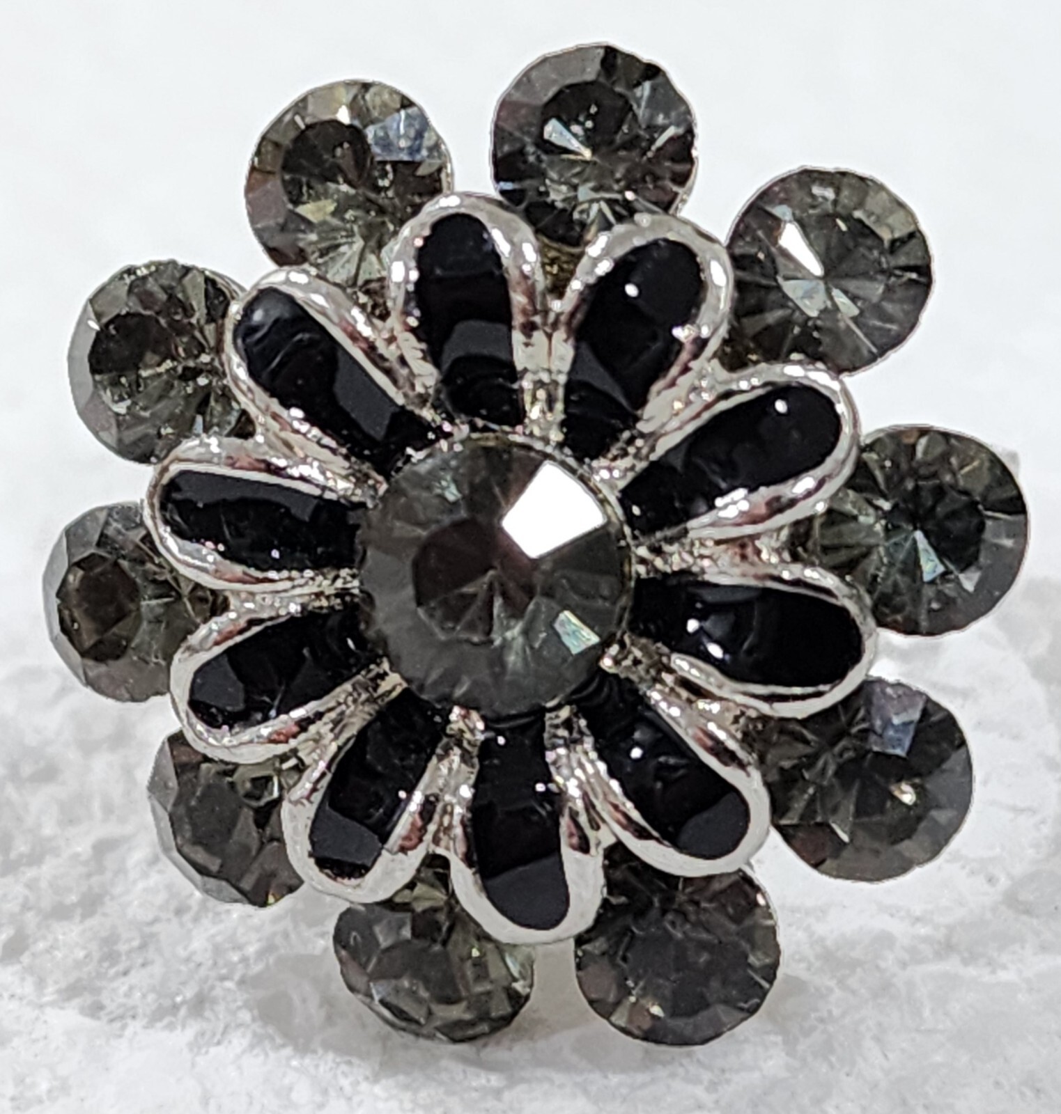 Ring Adjustable Flower Shaped Ring Black Stones plus Other Silver & Trim Vtg