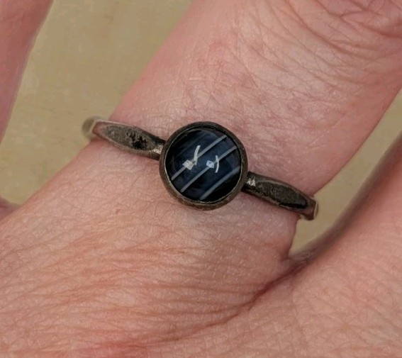 Vintage Sterling Silver .999 Minimalist Banded Black Agate Hexagonal Ring Sz 7