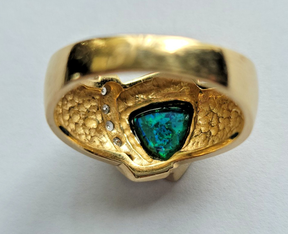 VTG Bogarz 14k YELLOW GOLD TRILLION Cut BOULDER OPAL – Ring SZ 7 5.21g BZ