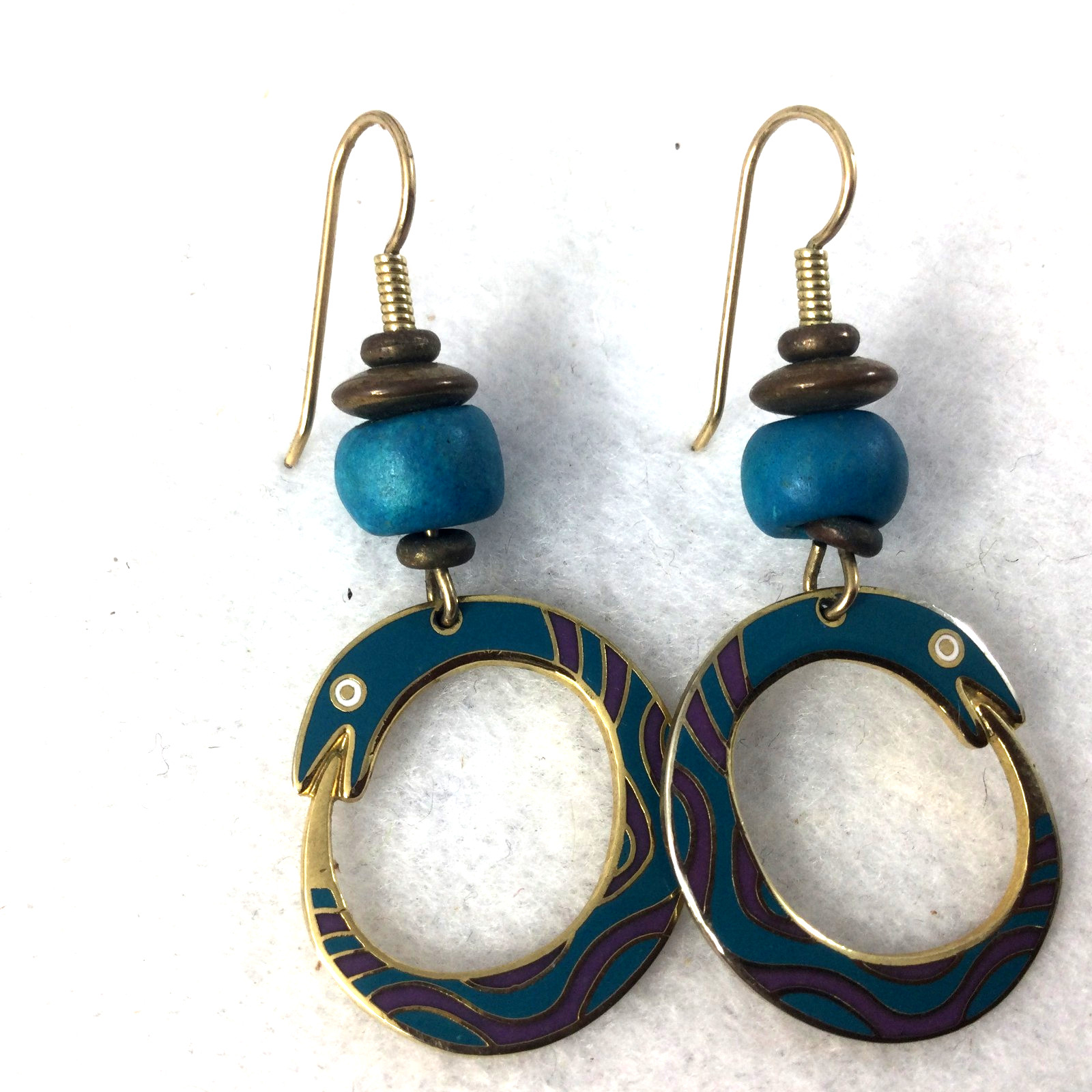 Laurel Burch Snake Spirit Enamel Dangle Earrings Teal Purple Signed Gold Tone