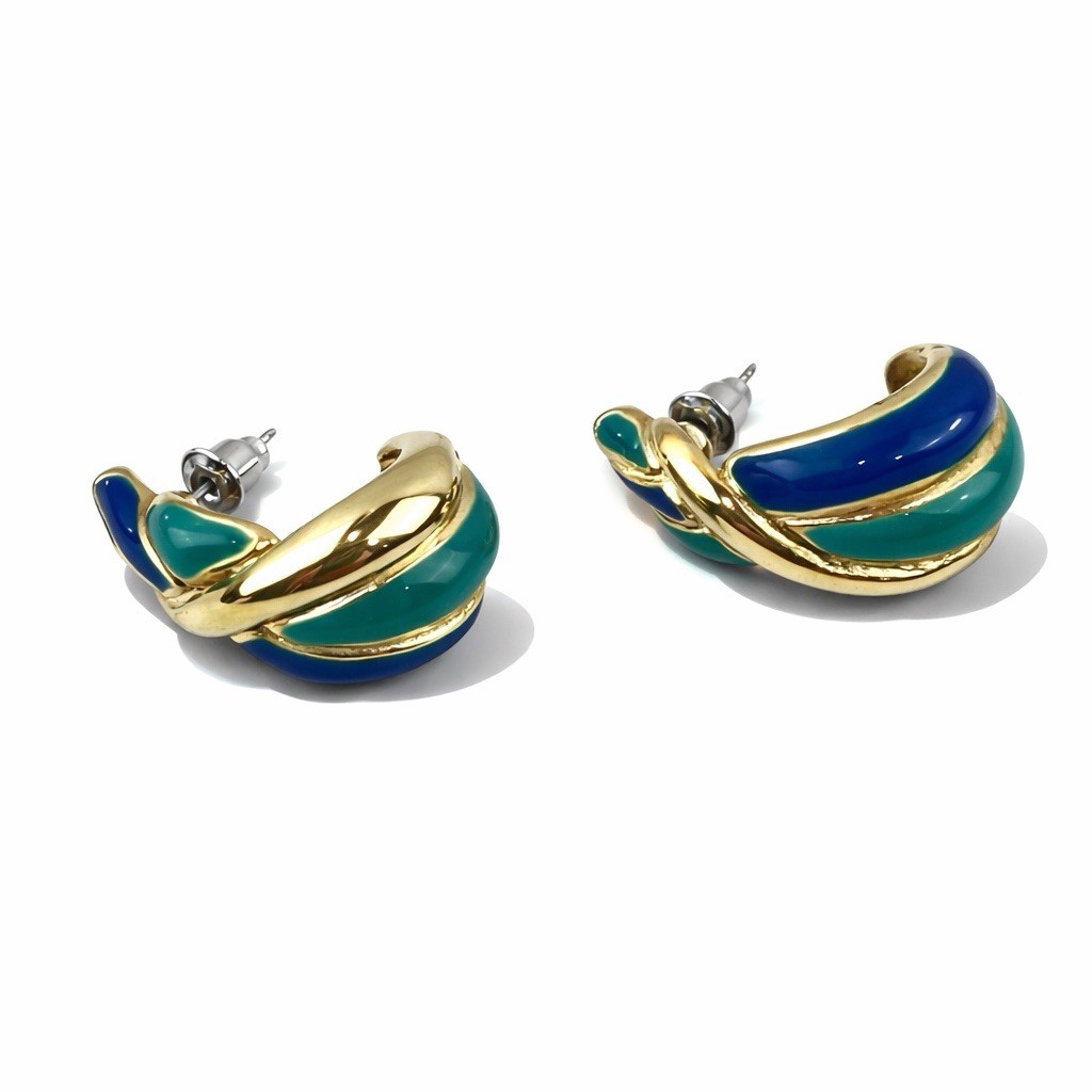 Vintage TRIFARI Gold & Green Earrings Pierced Huggies Style 1”