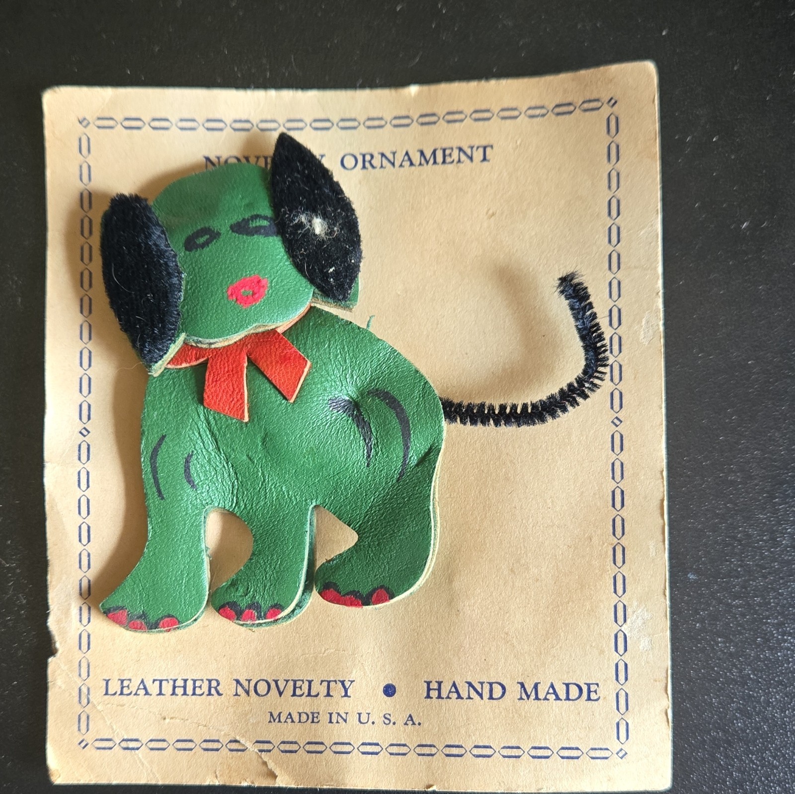 Handmade Leather Dog Brooch Pin, Green/Black/Red, Animal Theme