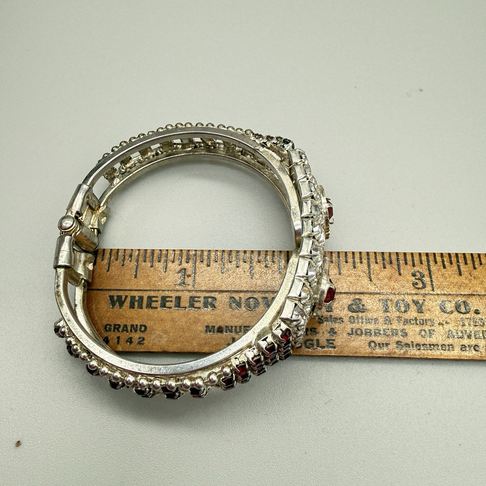 Vintage Red & Clear Rhinestone Hinged Cuff Bracelet Unmarked Red Bracelet