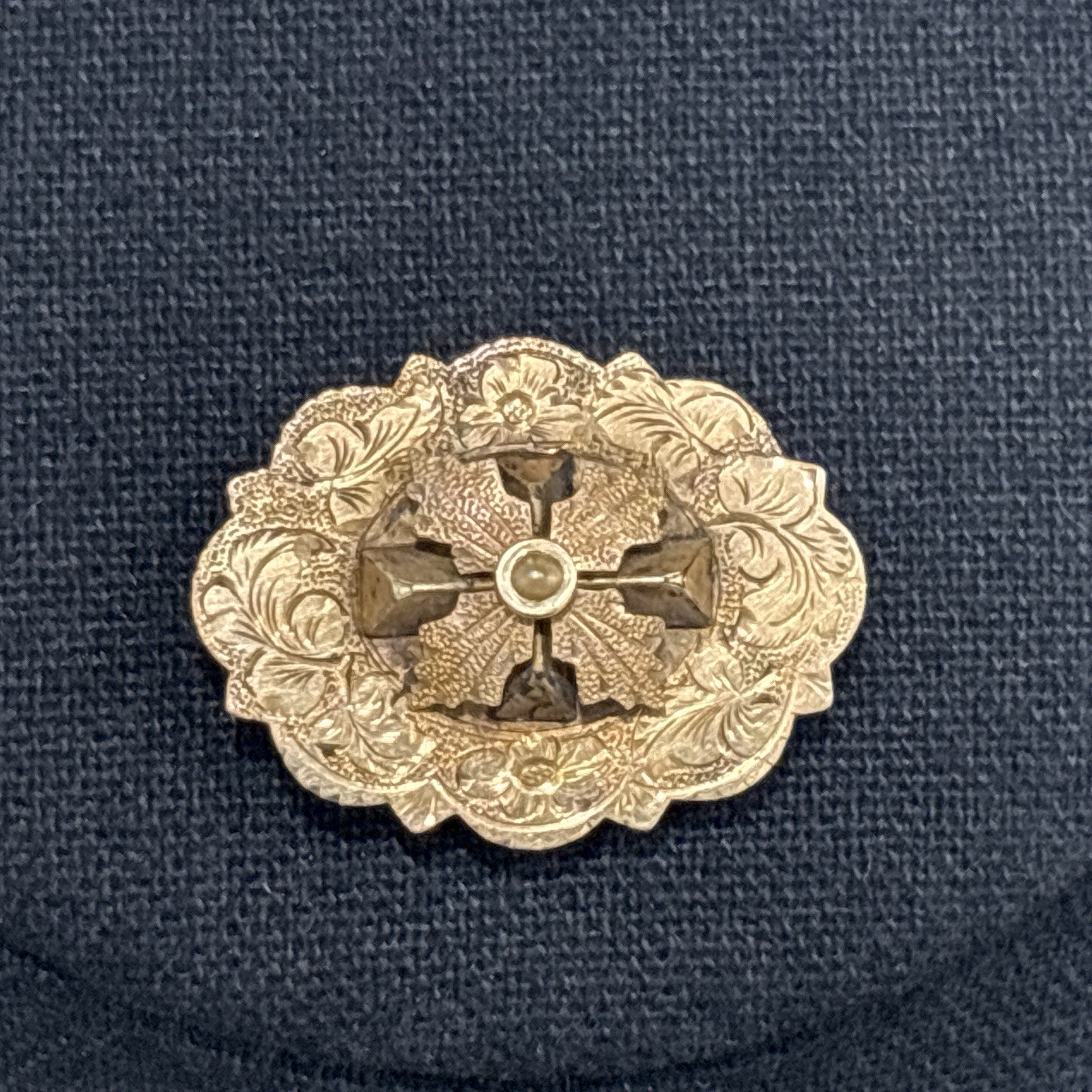 Antique Victorian Gold Filled Brooch Pin Floral Repousse Oval 3D Cross Vintage