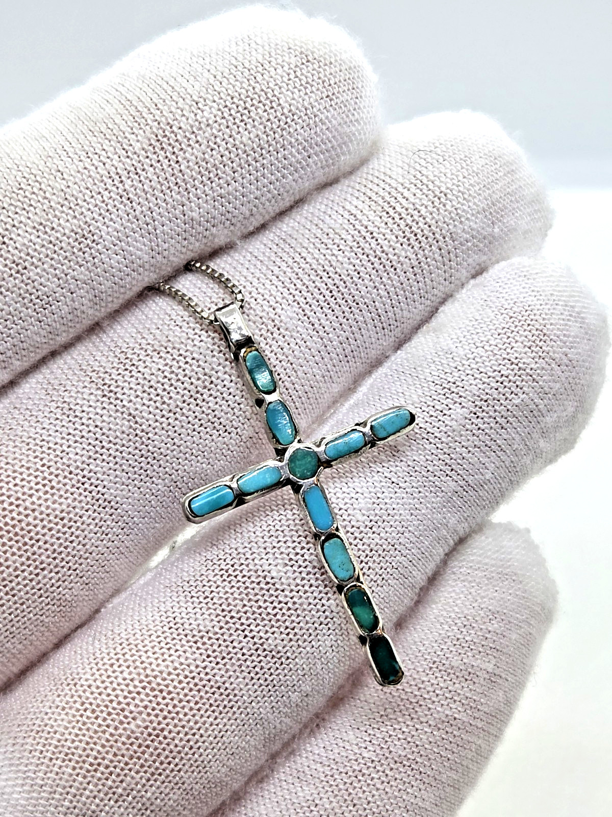 Vintage Handcrafted Native Silver Inlay Turquoise Cross 1.5″ Chain Necklace 18″